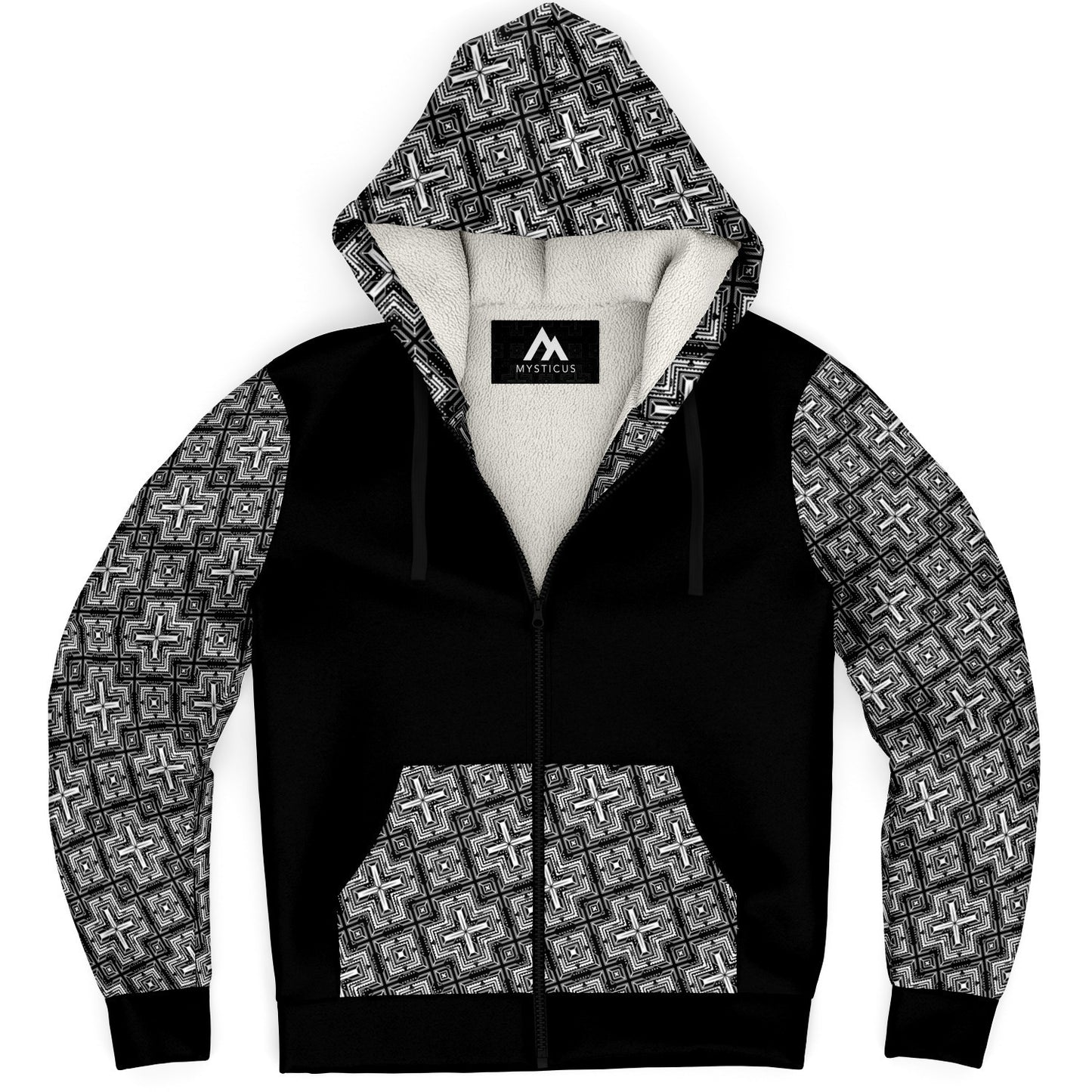 Black/White Deco Zip Sherpa Hoodie